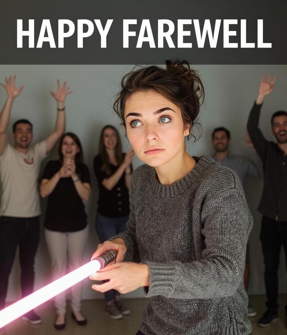 ai birthday and leaving farewell card generator example — girl with a light saber in a realistic photo style