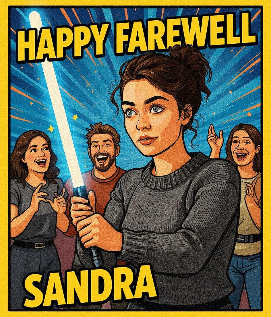 ai birthday and leaving farewell card generator example — girl with a light saber in a cartoon style