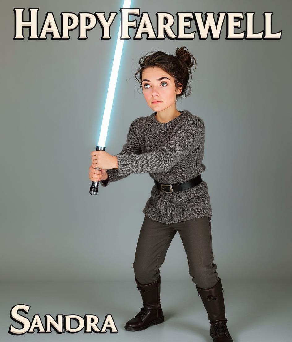 ai birthday and leaving farewell card generator example — girl with a light saber in a realistic photo style