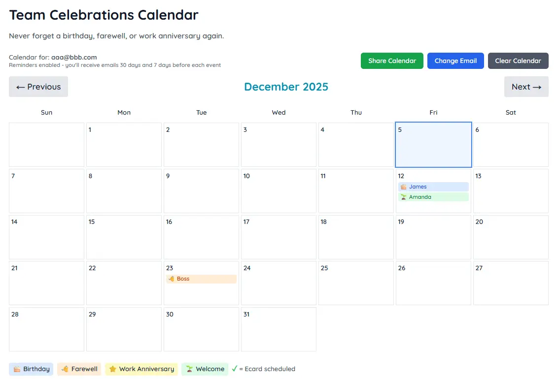 Team calendar showing upcoming events with reminders