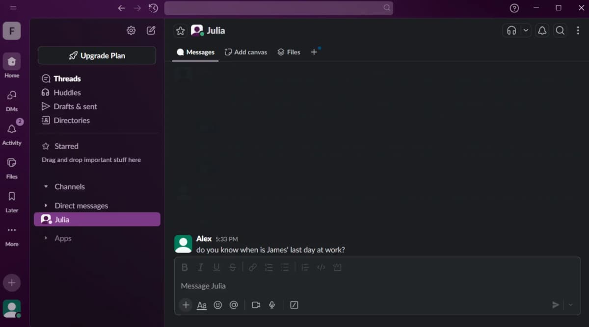 Slack message thread about colleague's last day
