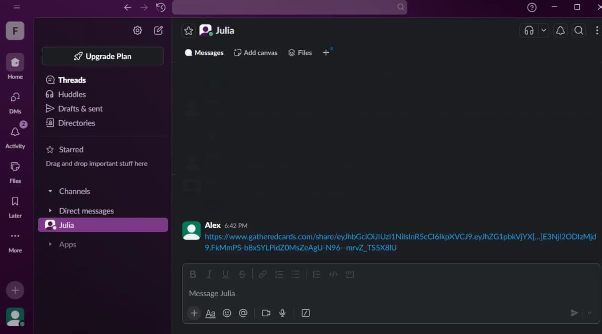 Shared card link posted in team channel
